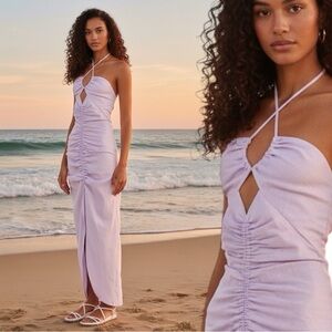Rumer Revolve NWT 100% Linen Estelle Purple Lilac Halter Maxi Dress Size XS